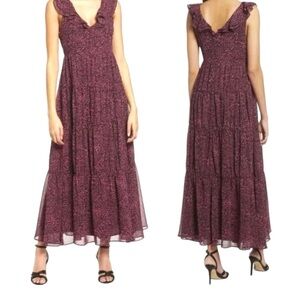 Chelsea28 Ruffle Neck Abstract Print -SZ Small- Tiered Chiffon Maxi Dress